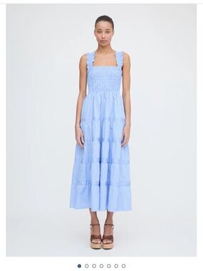 Smocked Square-Neck Midi Dress in Light Blue Stripe